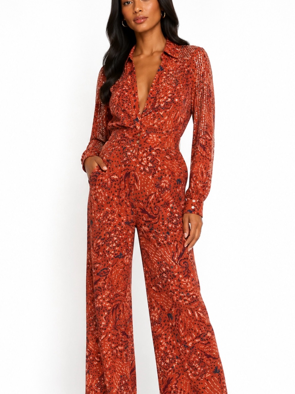 TAJ by Sabrina Crippa Rust Printed V-Neck Wide-Leg Jumpsuit